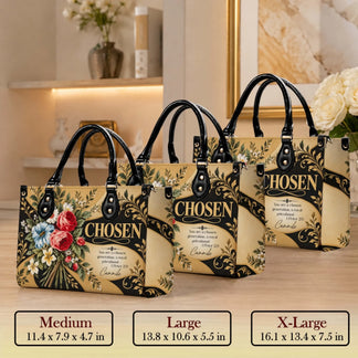 Three sizes of a floral PU leather tote bag featuring the quote You are a chosen generation and custom name Cammile.