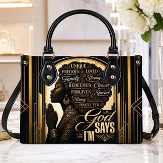 Elegant black and gold handbag with a faith-based design showcasing a praying woman and inspirational scripture.
