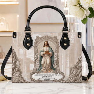 Elegant shoulder bag with a religious theme featuring a portrait of Jesus Christ and the John 14 6 scripture verse.