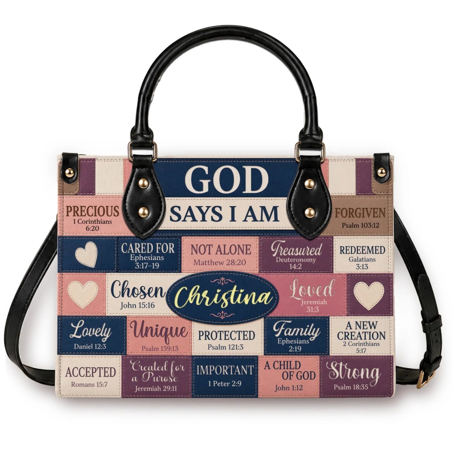 Personalized Christian tote bag for women featuring the name Christina and uplifting Bible verses in a patchwork design.