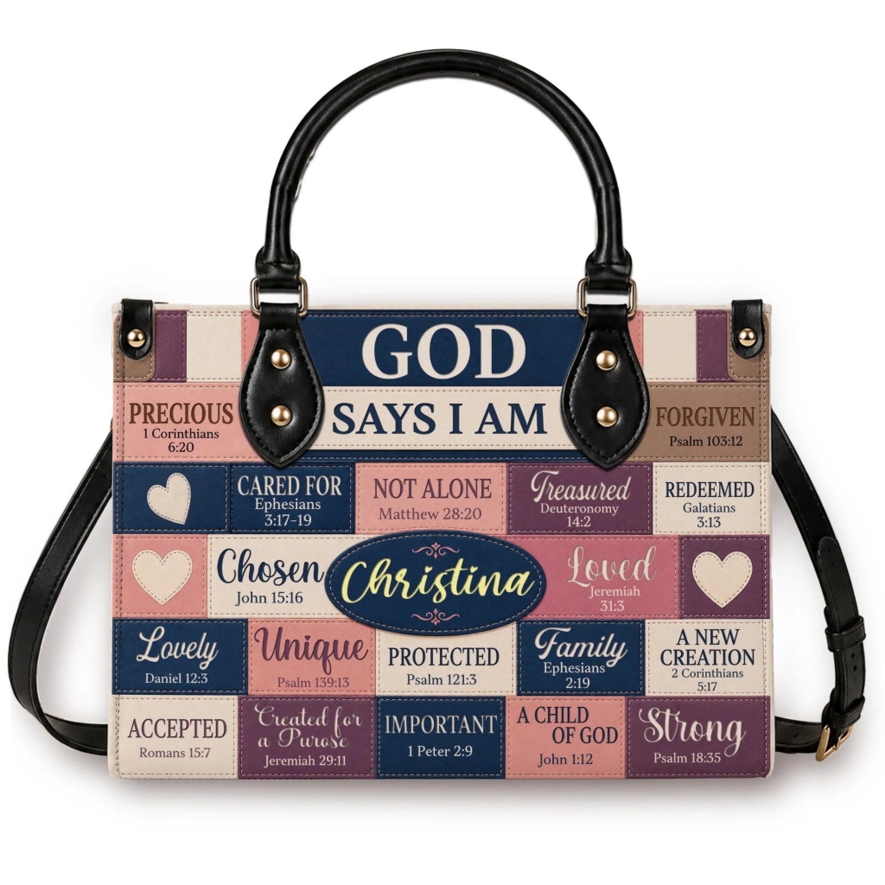 Personalized Christian tote bag for women featuring the name Christina and uplifting Bible verses in a patchwork design.