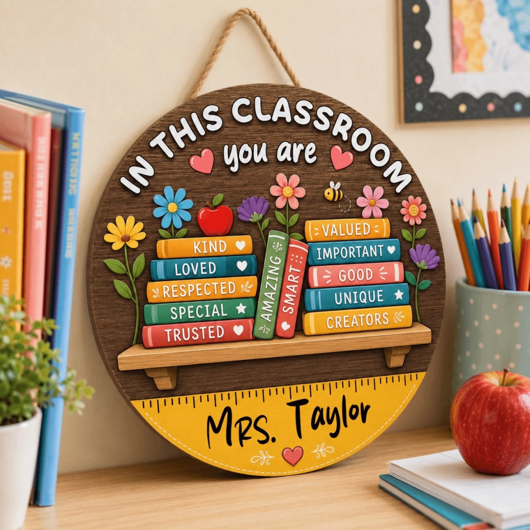 A round wooden wall sign for teachers reading 'In This Classroom You Are', featuring book stacks, flowers, and ruler accents.