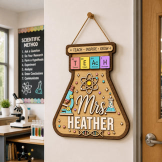 A custom wooden science classroom sign hanging by a door, featuring a scientific method chart in the background.