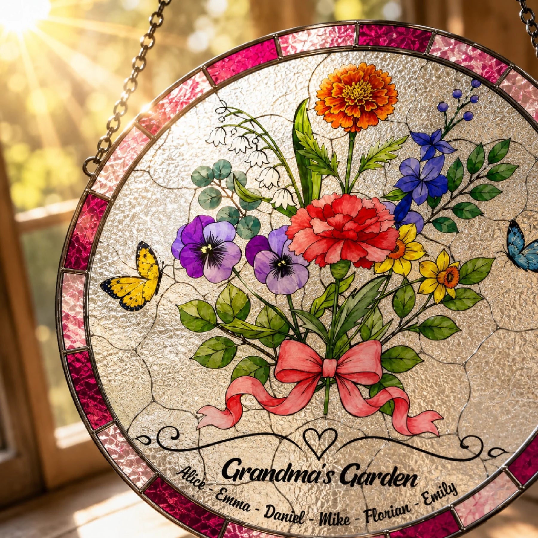 Close-up of Grandma’s Garden glass suncatcher showing textured glass, floral artwork, and custom grandkids names