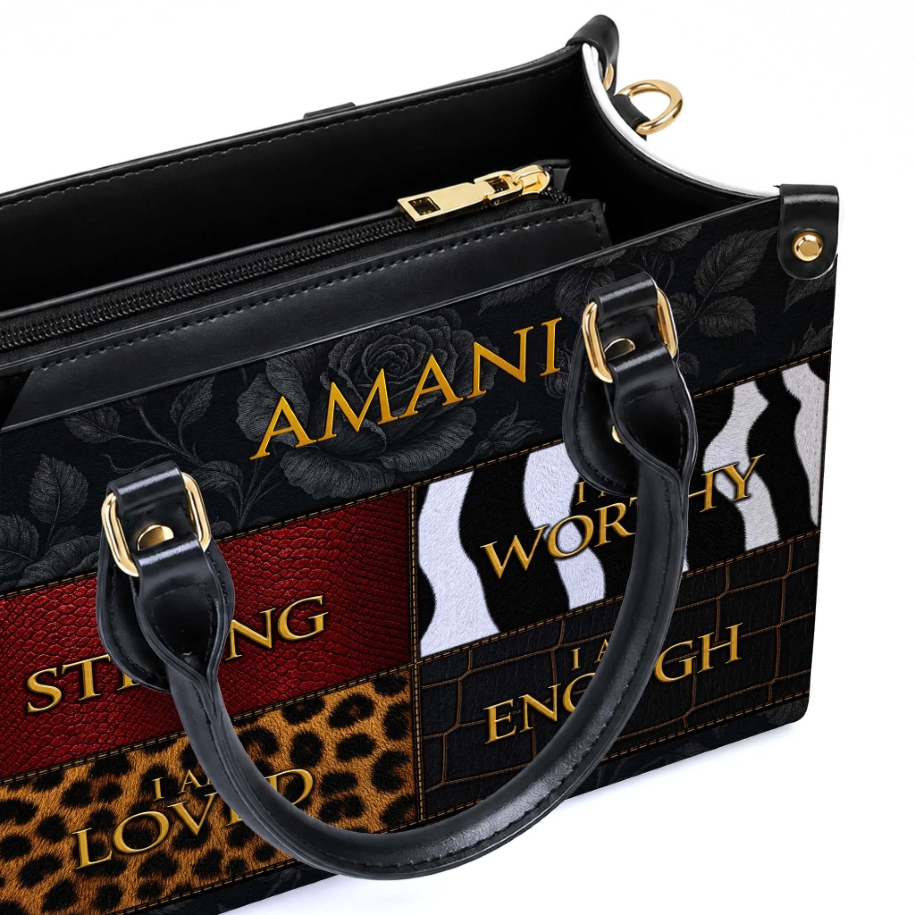 Close up view of a custom Amani handbag showing detailed textures and inspirational text in a sophisticated design.