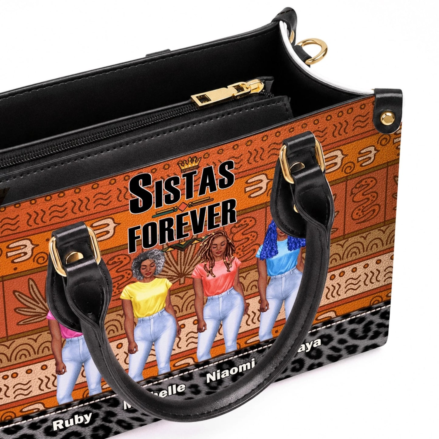 Close up view of a personalized Sistas Forever handbag showing the custom names Ruby Michelle Niaomi and Maya.