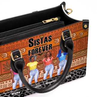 Close up view of a personalized Sistas Forever handbag showing the custom names Ruby Michelle Niaomi and Maya.