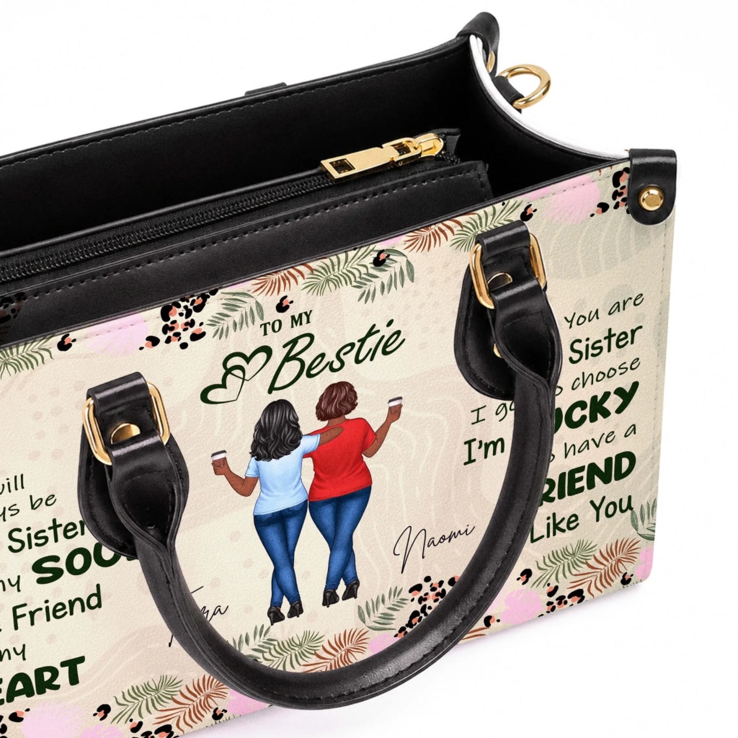 Close up showing high quality stitching and hardware on a custom personalized best friend handbag with artistic design.