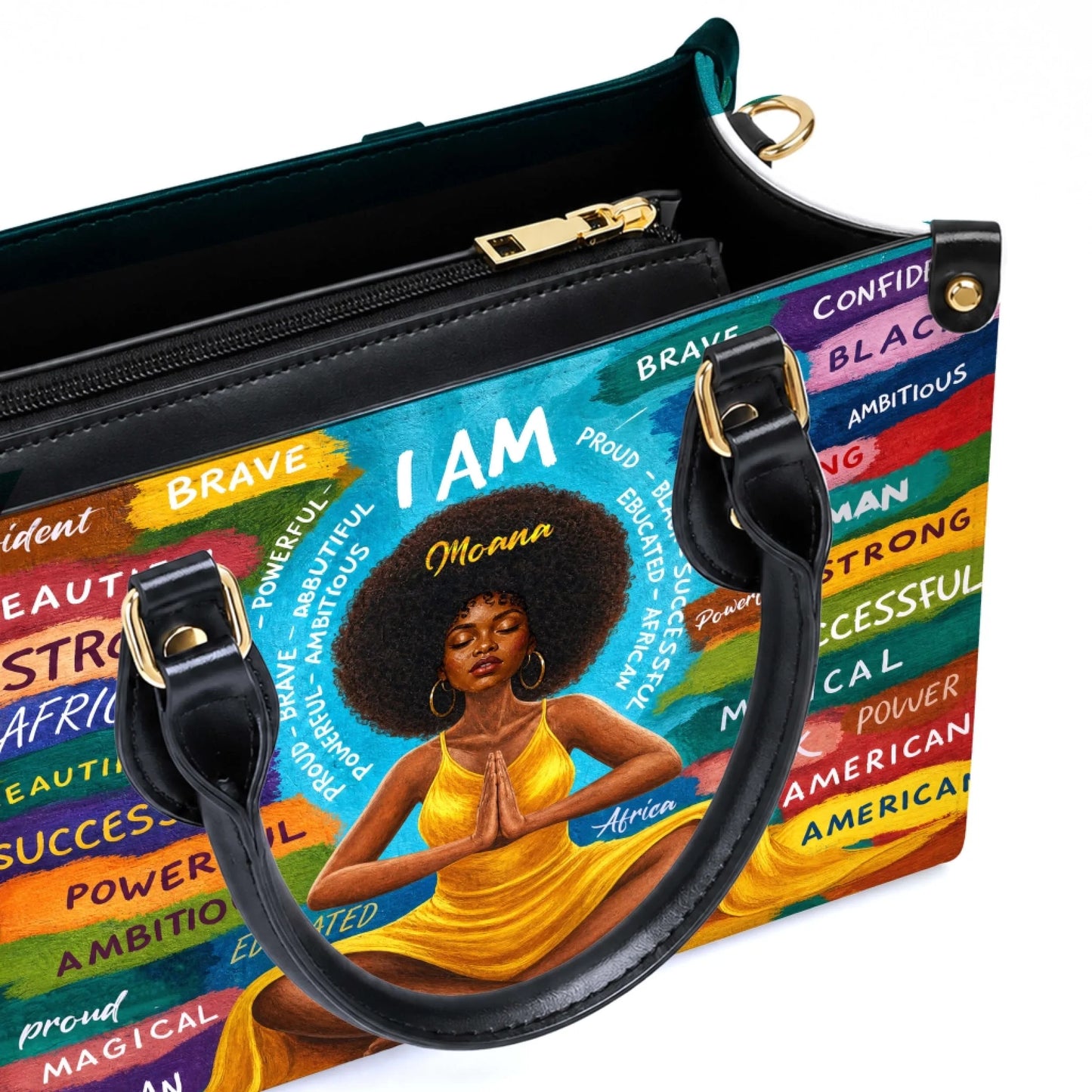 Close-up view of a personalized black woman yoga themed handbag featuring positive affirmations and a vibrant artistic design.
