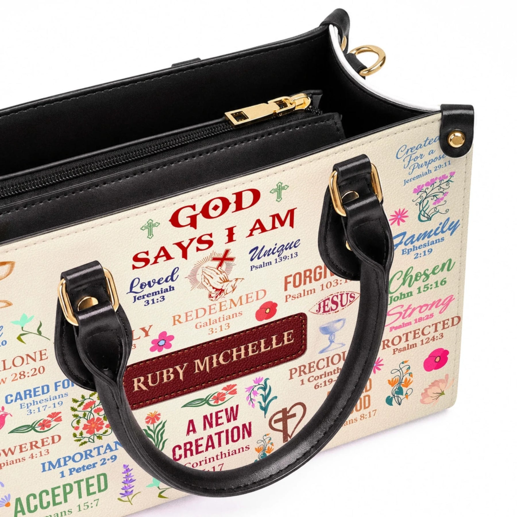 Personalized PU leather handbag with Ruby Michelle name tag and inspirational bible verses and floral art details