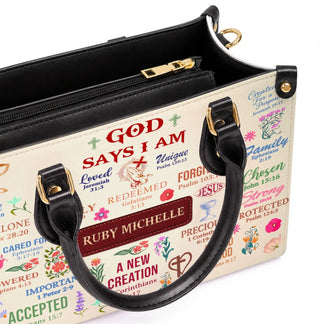 Personalized PU leather handbag with Ruby Michelle name tag and inspirational bible verses and floral art details