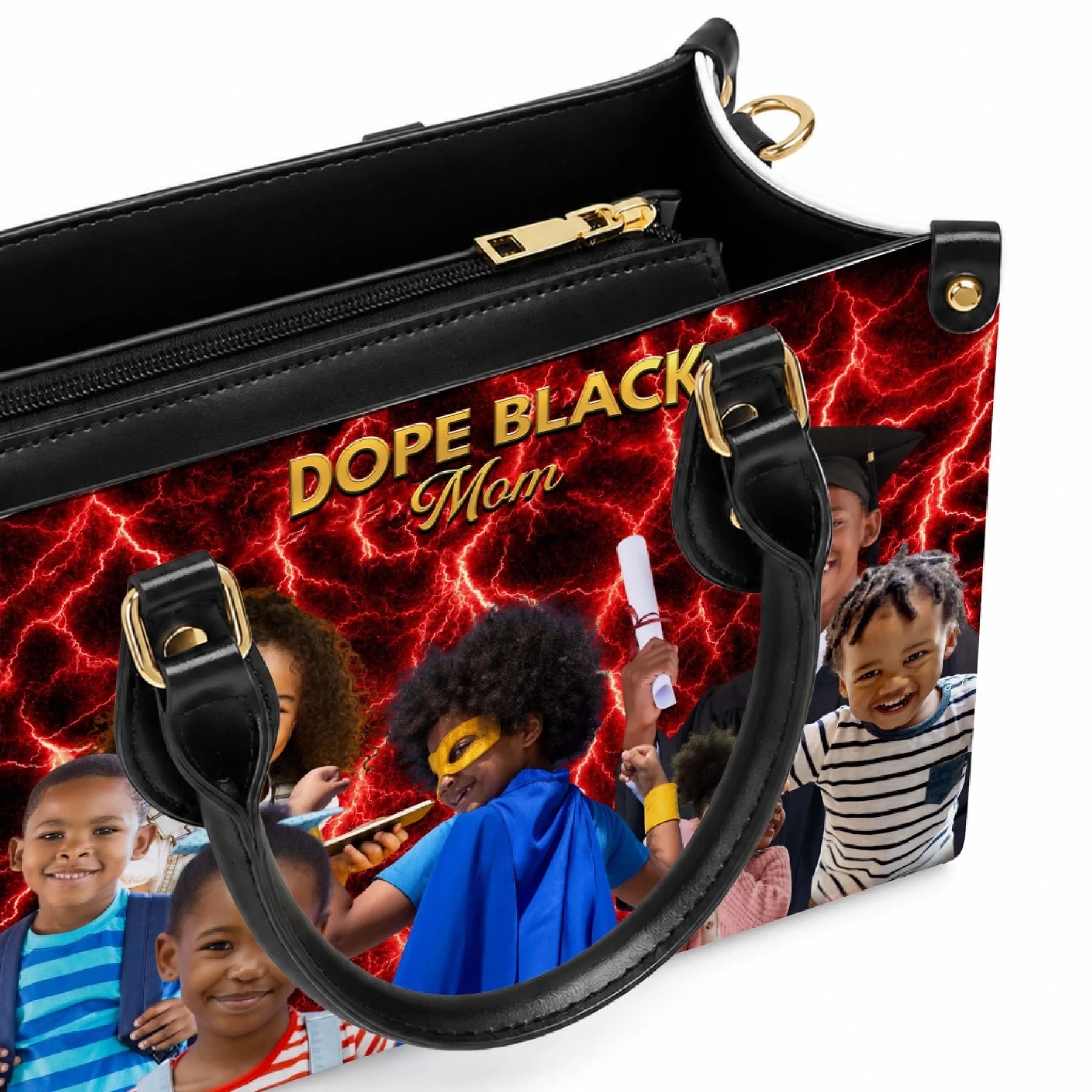 Detailed view of a personalized handbag with a Dope Black Mom quote and family photo print, showcasing the elegant black leather.