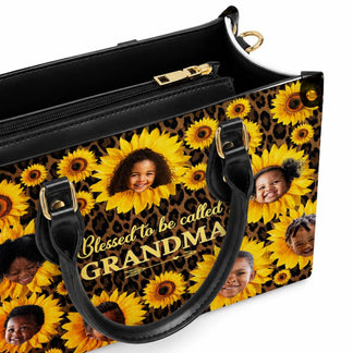 Detailed view of a personalized handbag featuring grandchildren photos on sunflowers and leopard print background.