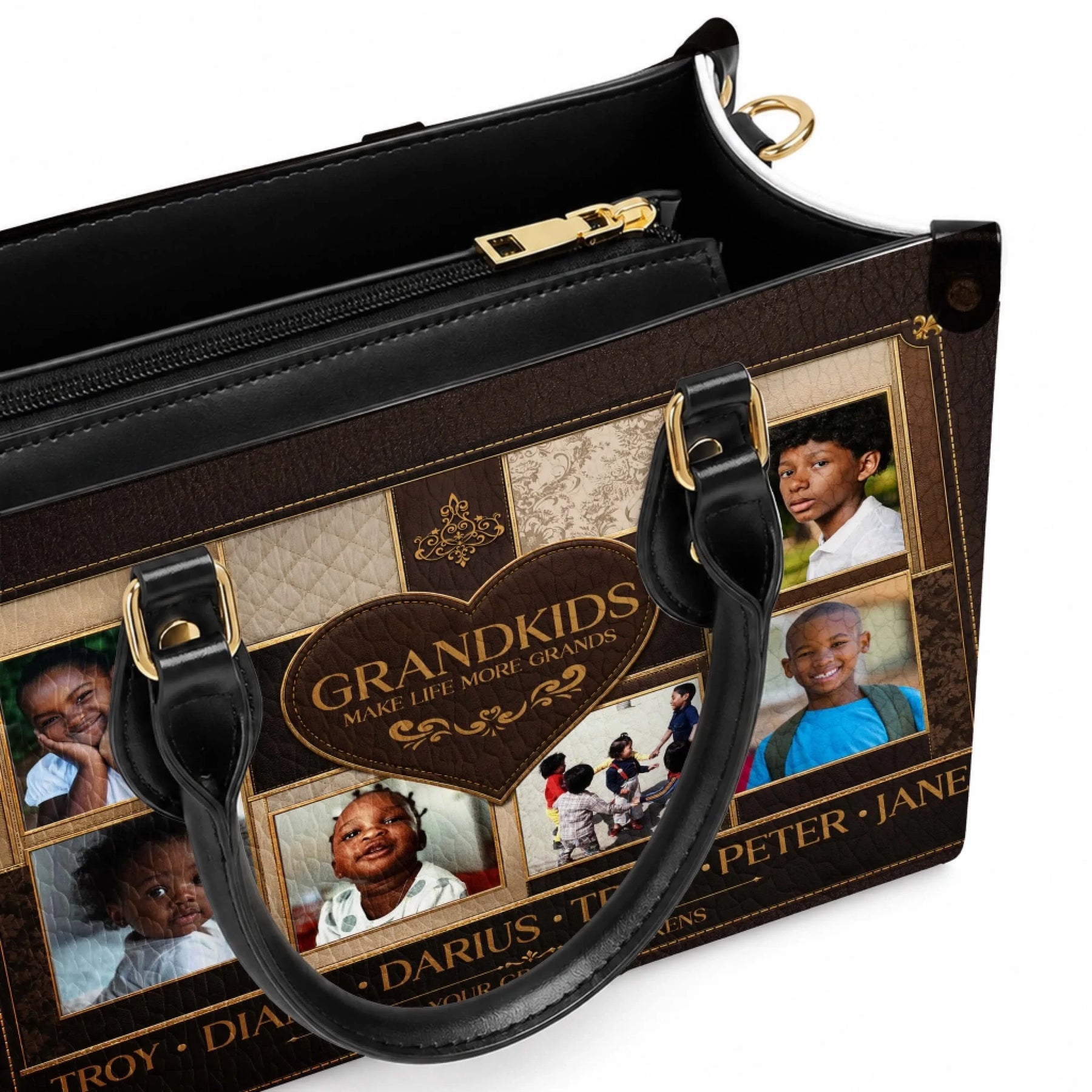 Close up of a custom PU leather handbag showing multiple photos of grandchildren and a heartfelt grandkids quote design.