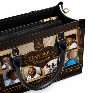 Close up of a custom PU leather handbag showing multiple photos of grandchildren and a heartfelt grandkids quote design.