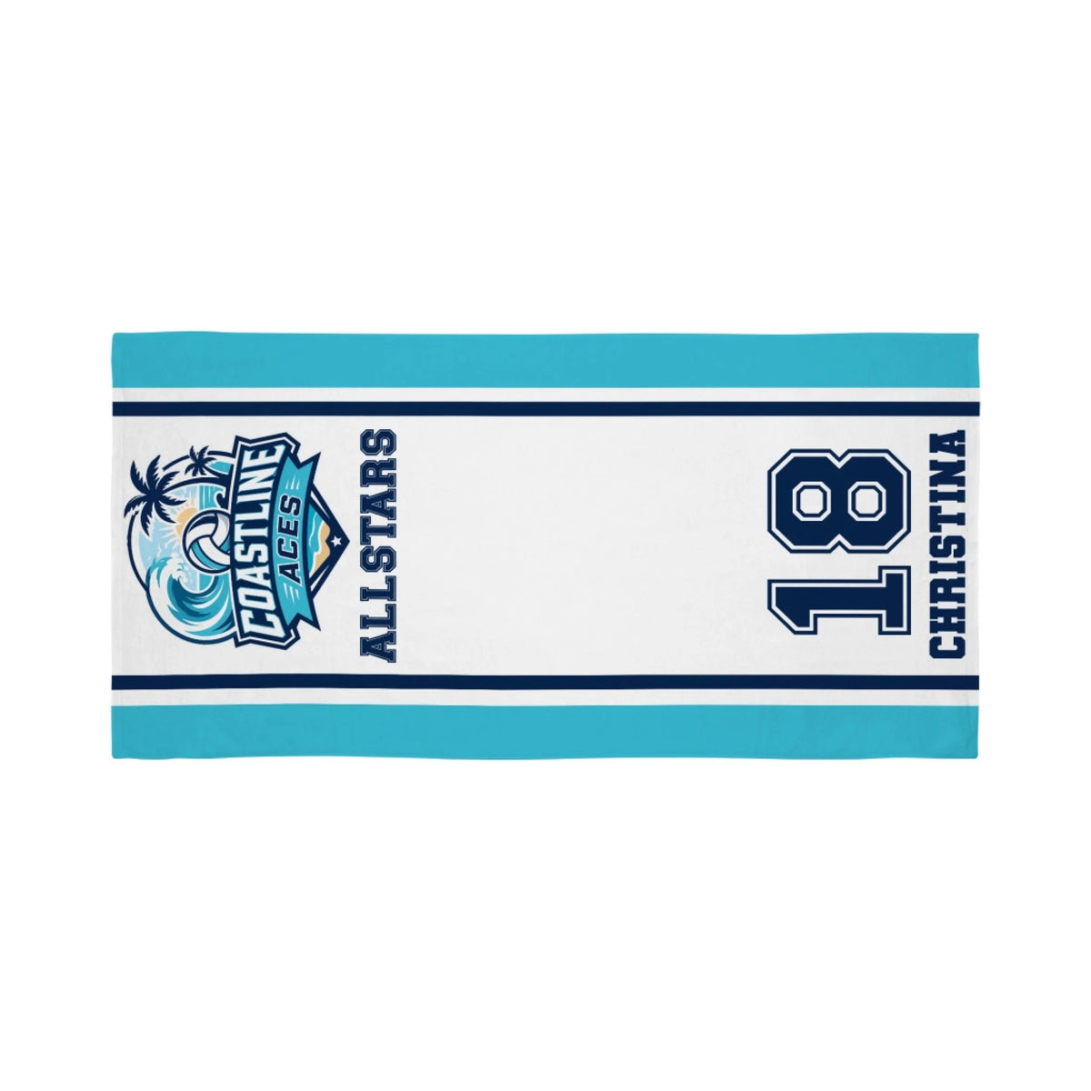 Flat view of a Coastline Aces volleyball beach towel customized with name Christina and player number 18