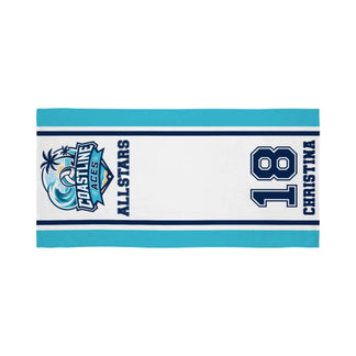 Flat view of a Coastline Aces volleyball beach towel customized with name Christina and player number 18