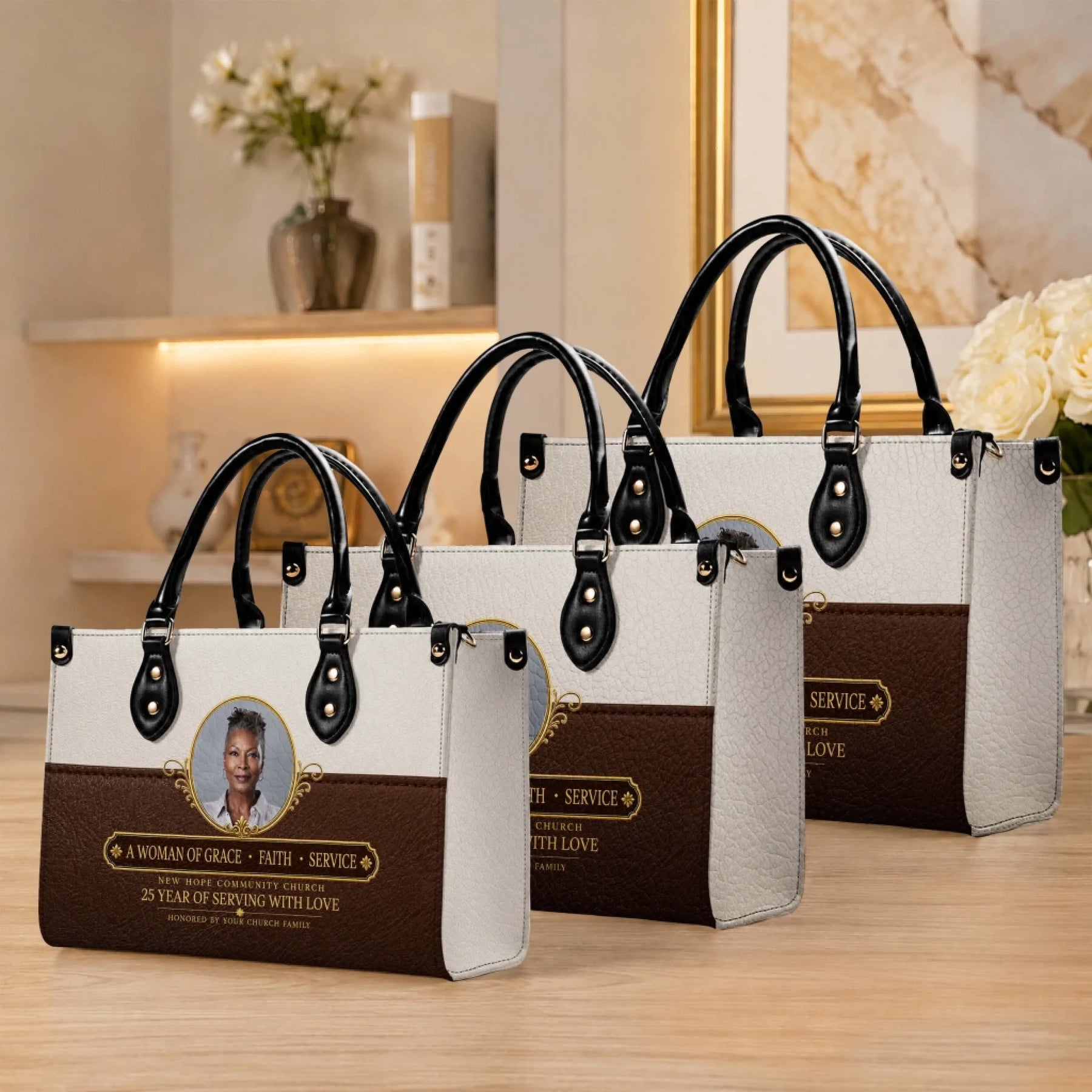 Set of three personalized leather handbags featuring custom photo and 25 year church anniversary tribute designs.