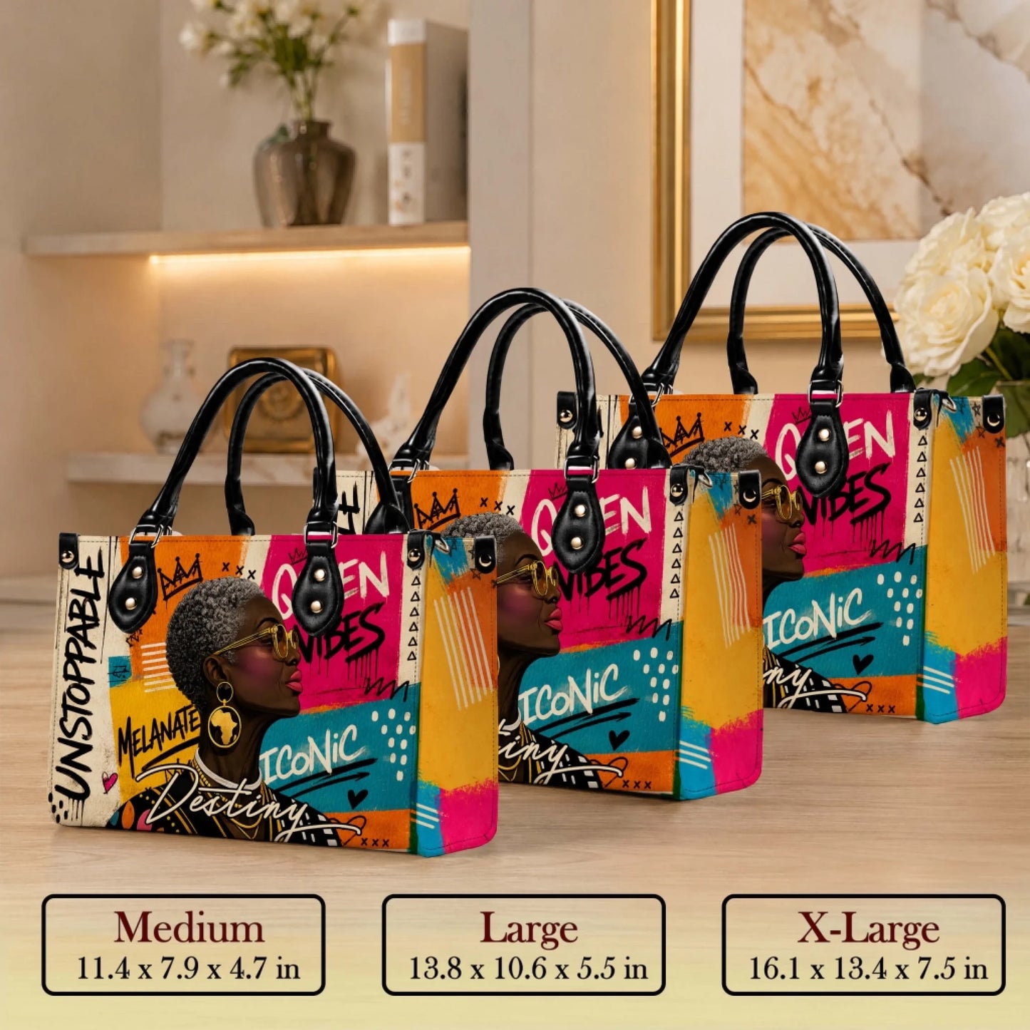 Three sizes of a vibrant tote bag featuring a modern Black art theme displayed on a wooden surface with dimension labels.