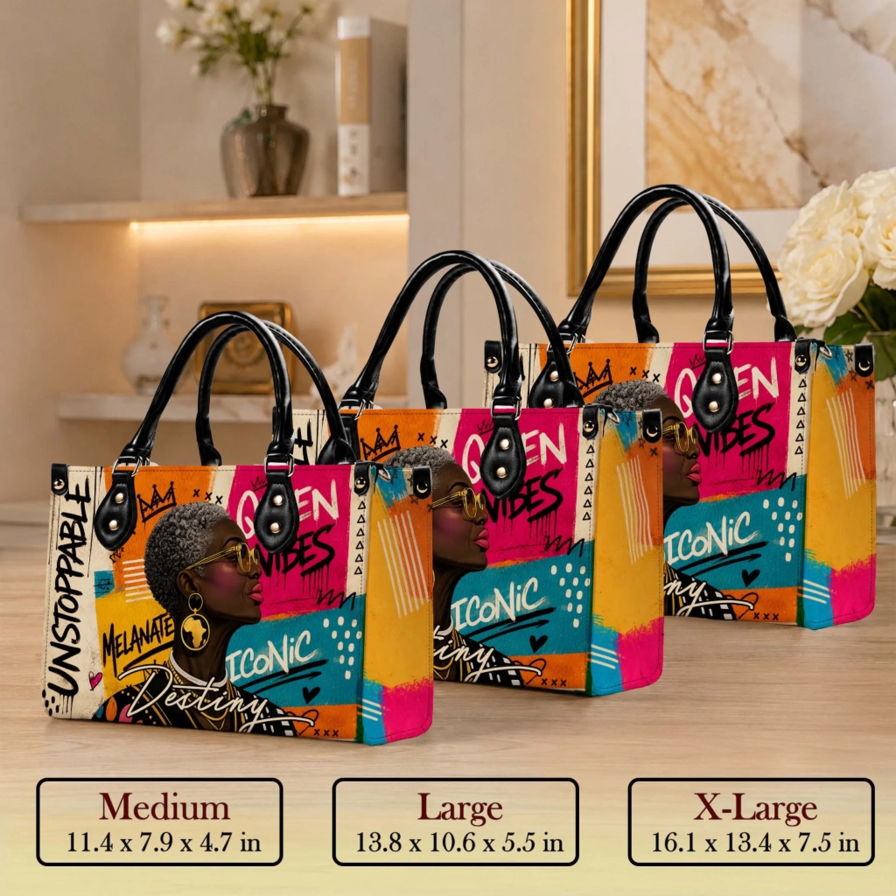 Three sizes of a vibrant tote bag featuring a modern Black art theme displayed on a wooden surface with dimension labels.