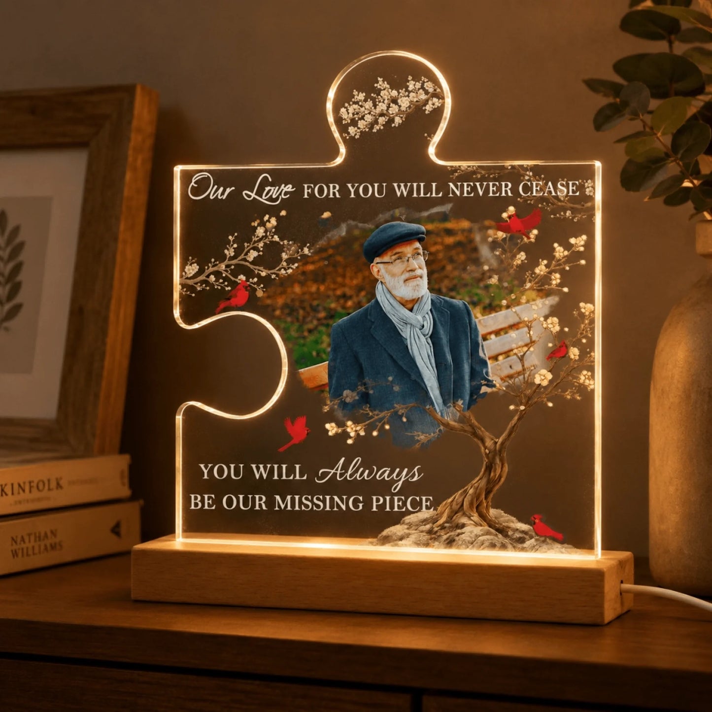 Heartfelt memorial puzzle piece lamp featuring a portrait and cardinal bird motif, designed as a sympathy gift.
