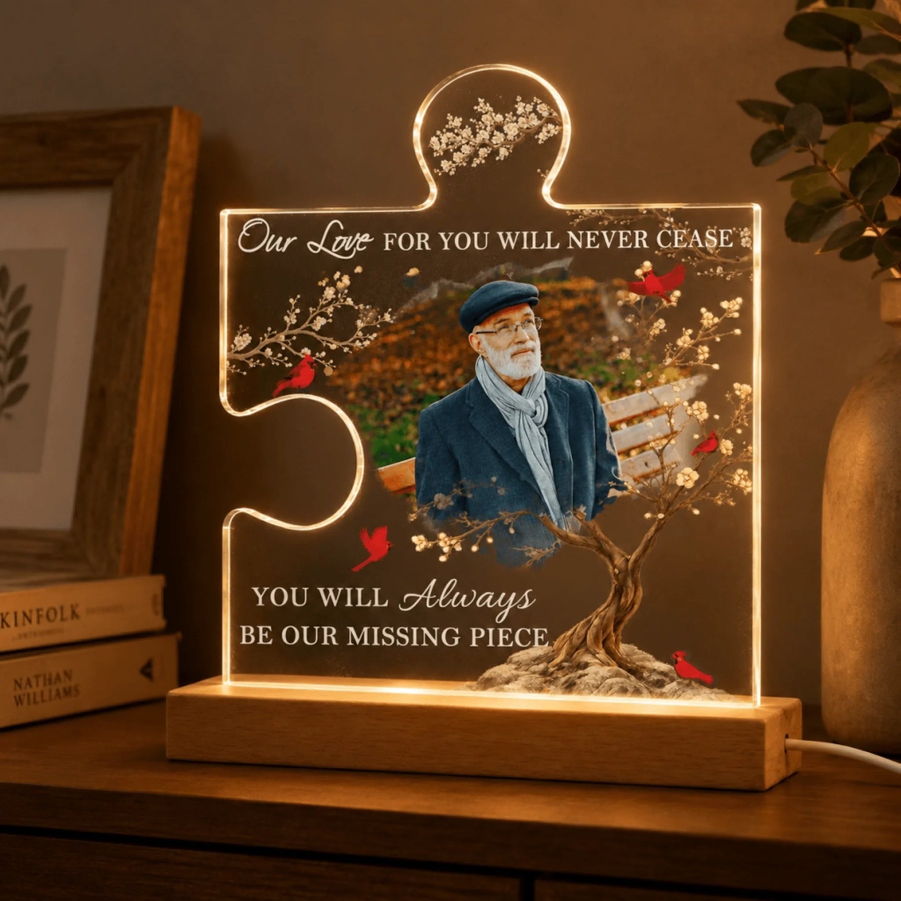 Heartfelt memorial puzzle piece lamp featuring a portrait and cardinal bird motif, designed as a sympathy gift.