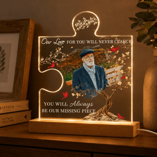 Heartfelt memorial puzzle piece lamp featuring a portrait and cardinal bird motif, designed as a sympathy gift.