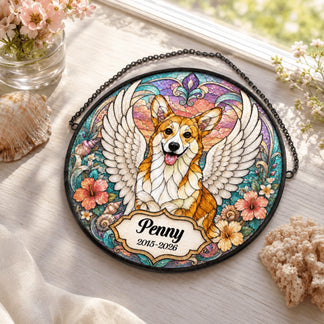 Personalized dog memorial suncatcher featuring a corgi angel design with custom name Penny and dates 2015-2026.