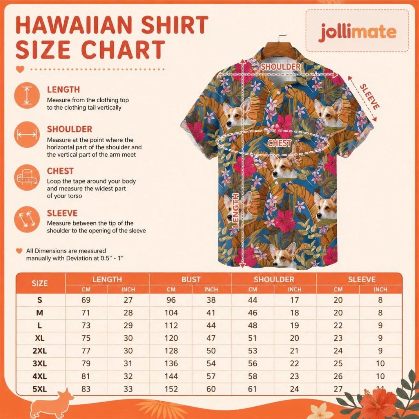 Jollimate custom Hawaiian shirt size chart featuring measurement instructions for length shoulder chest and sleeve length.