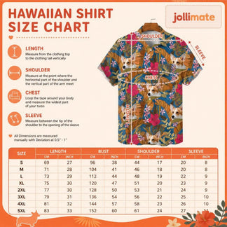Jollimate custom Hawaiian shirt size chart featuring measurement instructions for length shoulder chest and sleeve length.