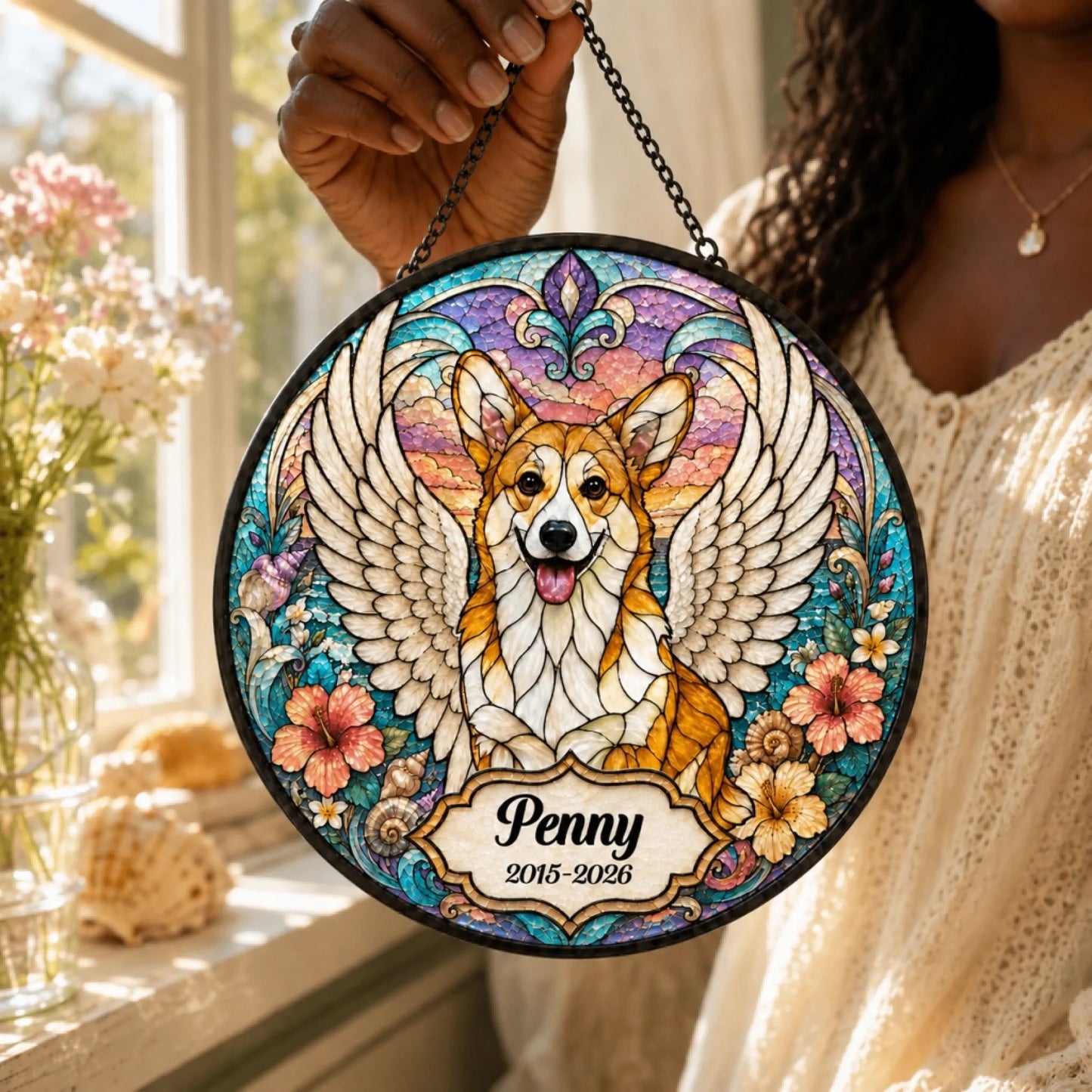 Stained glass corgi suncatcher with angel wings and custom memorial plaque as a thoughtful pet loss remembrance gift.