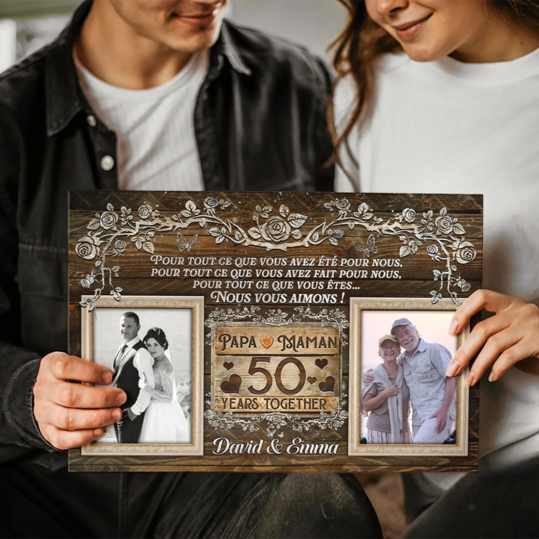 Couple holding a personalized 50th anniversary wooden style photo canvas gift for parents with custom text