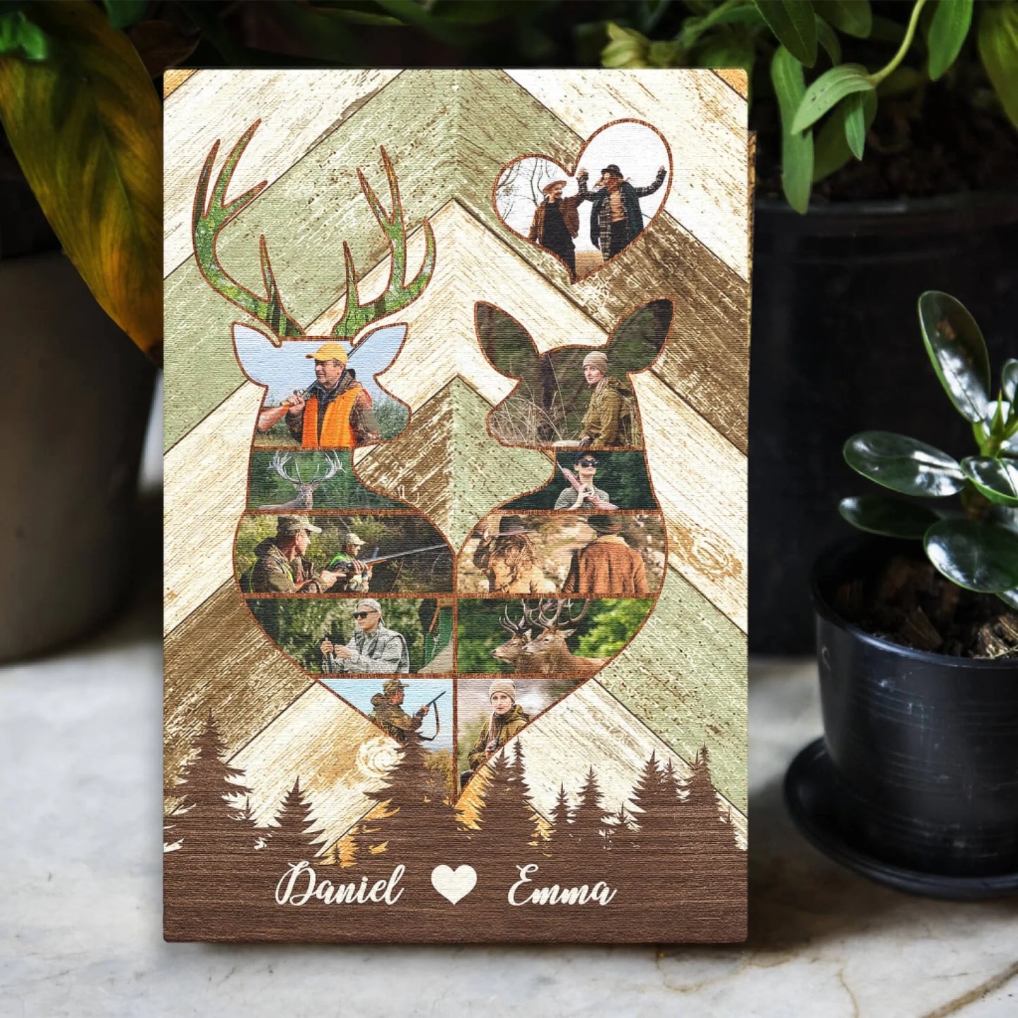 Rustic Wood Background Couple Hunting Canvas with Deer Silhouette and Antler Accent