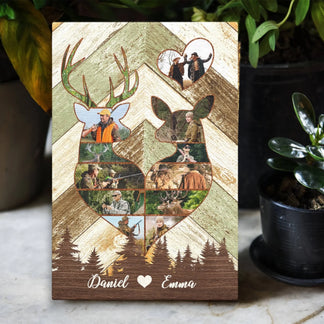 Rustic Wood Background Couple Hunting Canvas with Deer Silhouette and Antler Accent