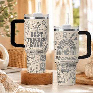 Cream colored personalized teacher tumbler featuring Mr Smith and Best Teacher Ever graphic for school gifts.