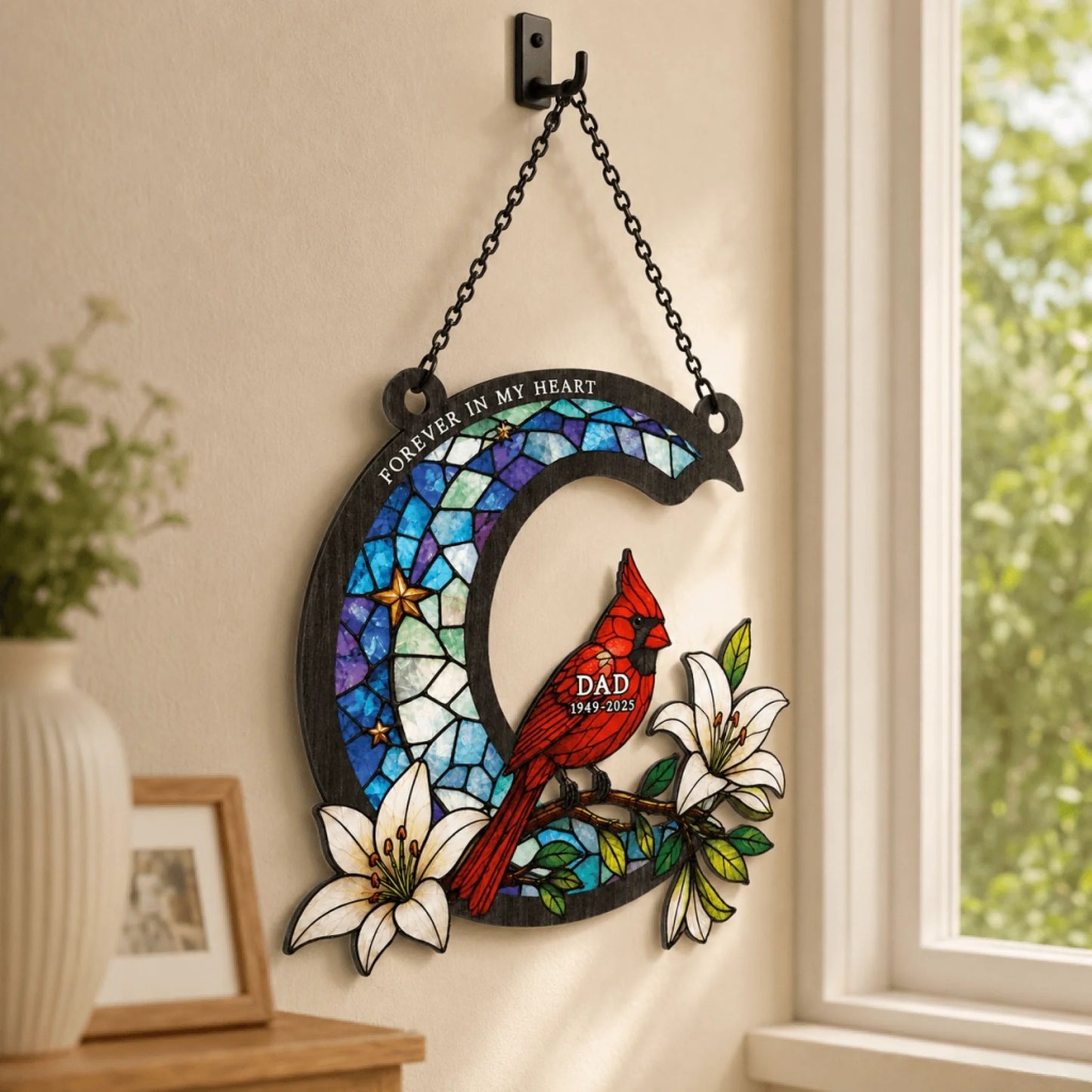 Decorative crescent moon suncatcher with a red cardinal and lilies, a thoughtful memorial gift for grieving.