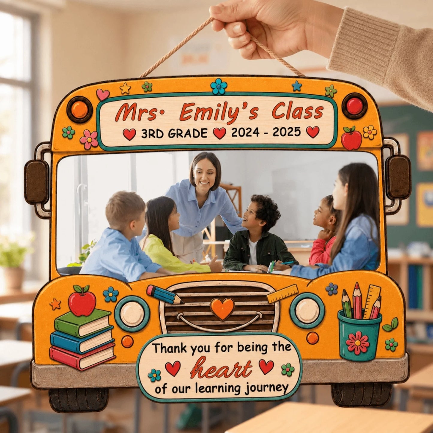 Custom 3rd grade school bus hanging wooden sign for teacher, featuring a classroom photo and heartfelt gratitude quote.
