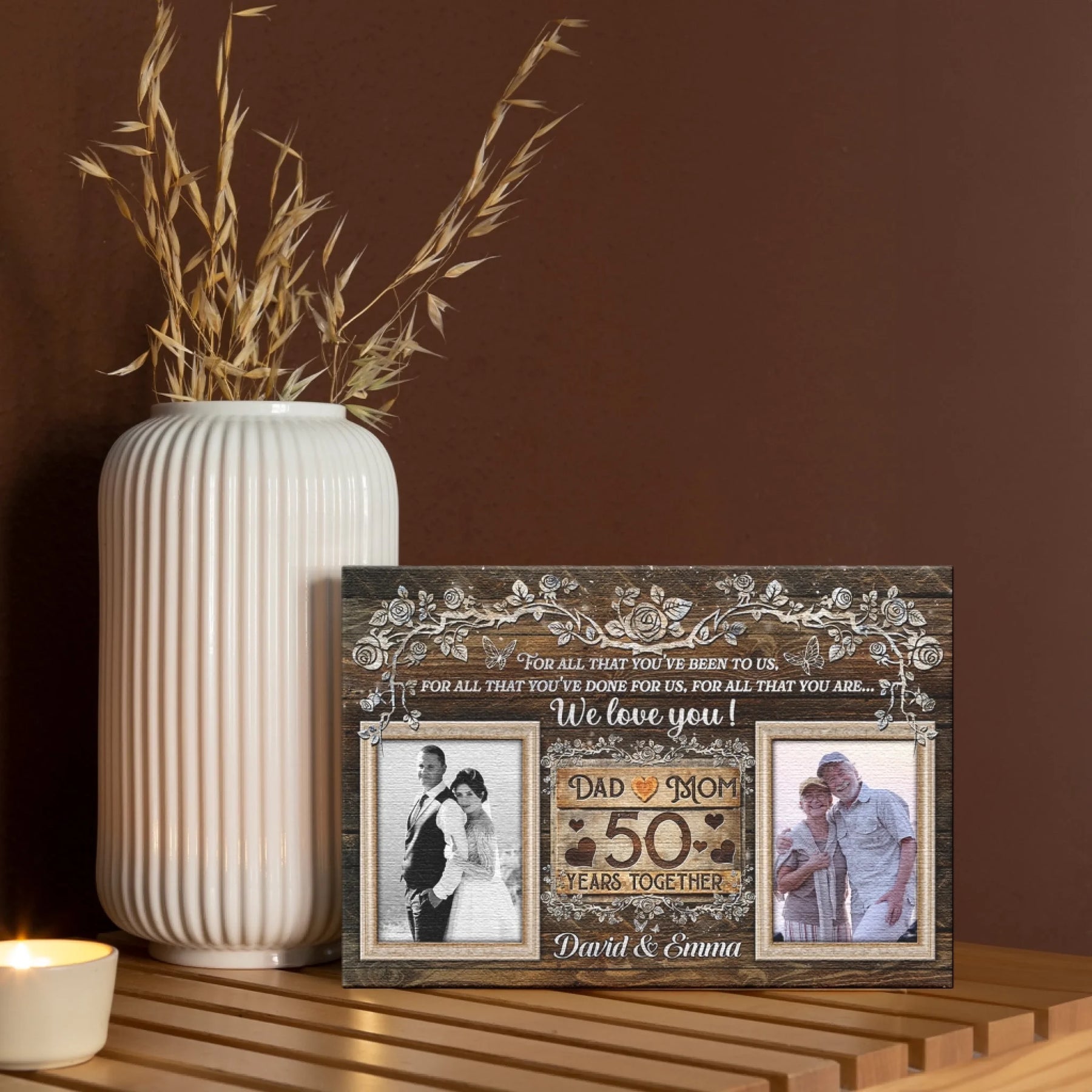 Beautiful personalized 50th anniversary canvas gift with custom photos, names, and a rustic wooden floral theme.