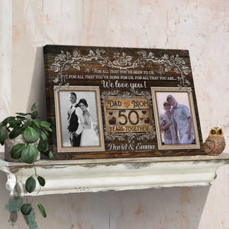 Custom wedding anniversary canvas sign featuring vintage wood style, two photo frames, and 50 years together text.
