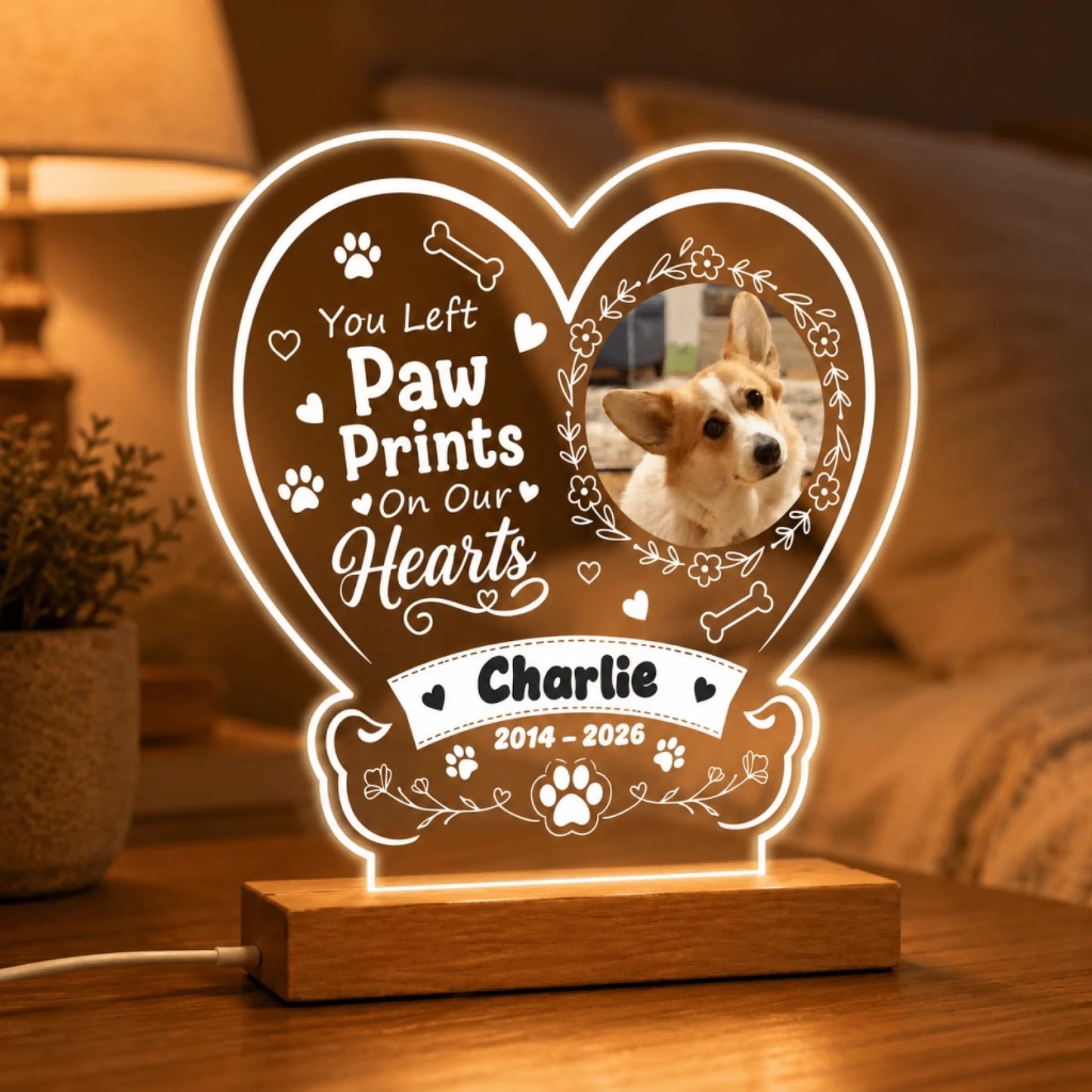 Personalized heart LED night light for dog memorial with custom photo and dates to remember a beloved pet named Charlie.