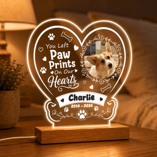 Personalized heart LED night light for dog memorial with custom photo and dates to remember a beloved pet named Charlie.