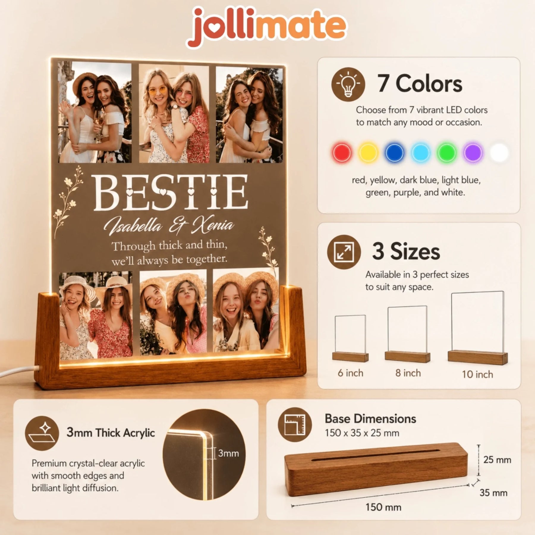 Product feature chart showing personalization options for custom acrylic LED photo plaques with color and size choices.