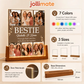 Product feature chart showing personalization options for custom acrylic LED photo plaques with color and size choices.