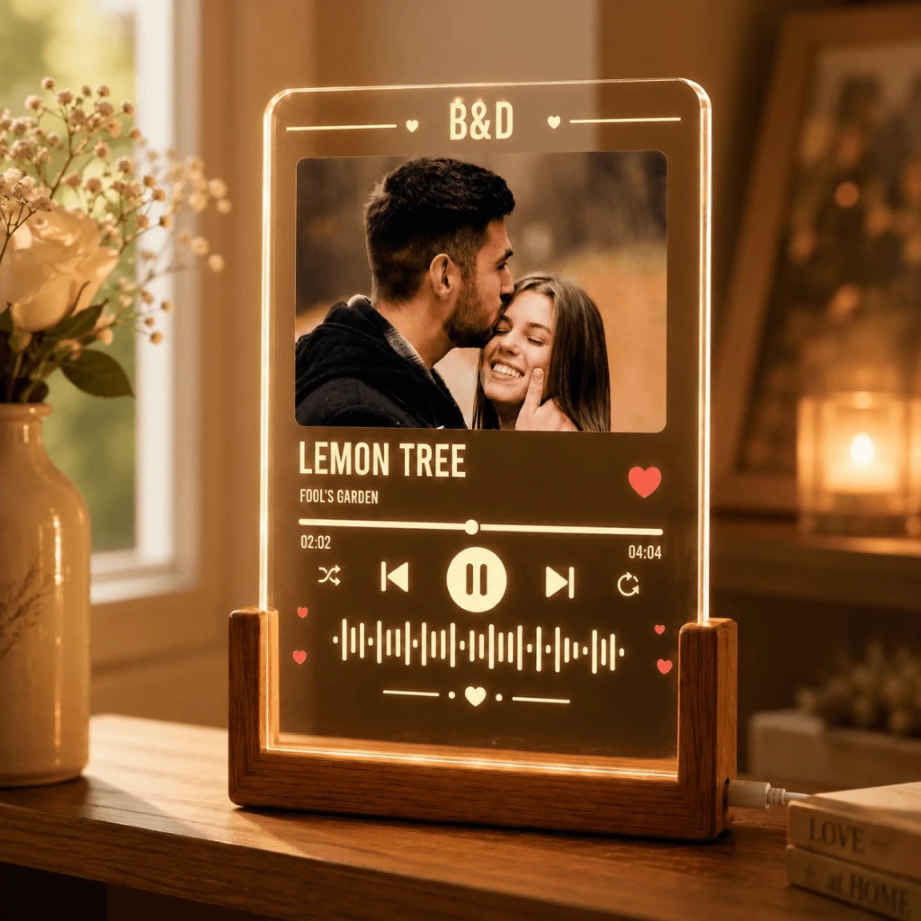 Elegant custom acrylic music frame with photo, ideal for romantic gift-giving.