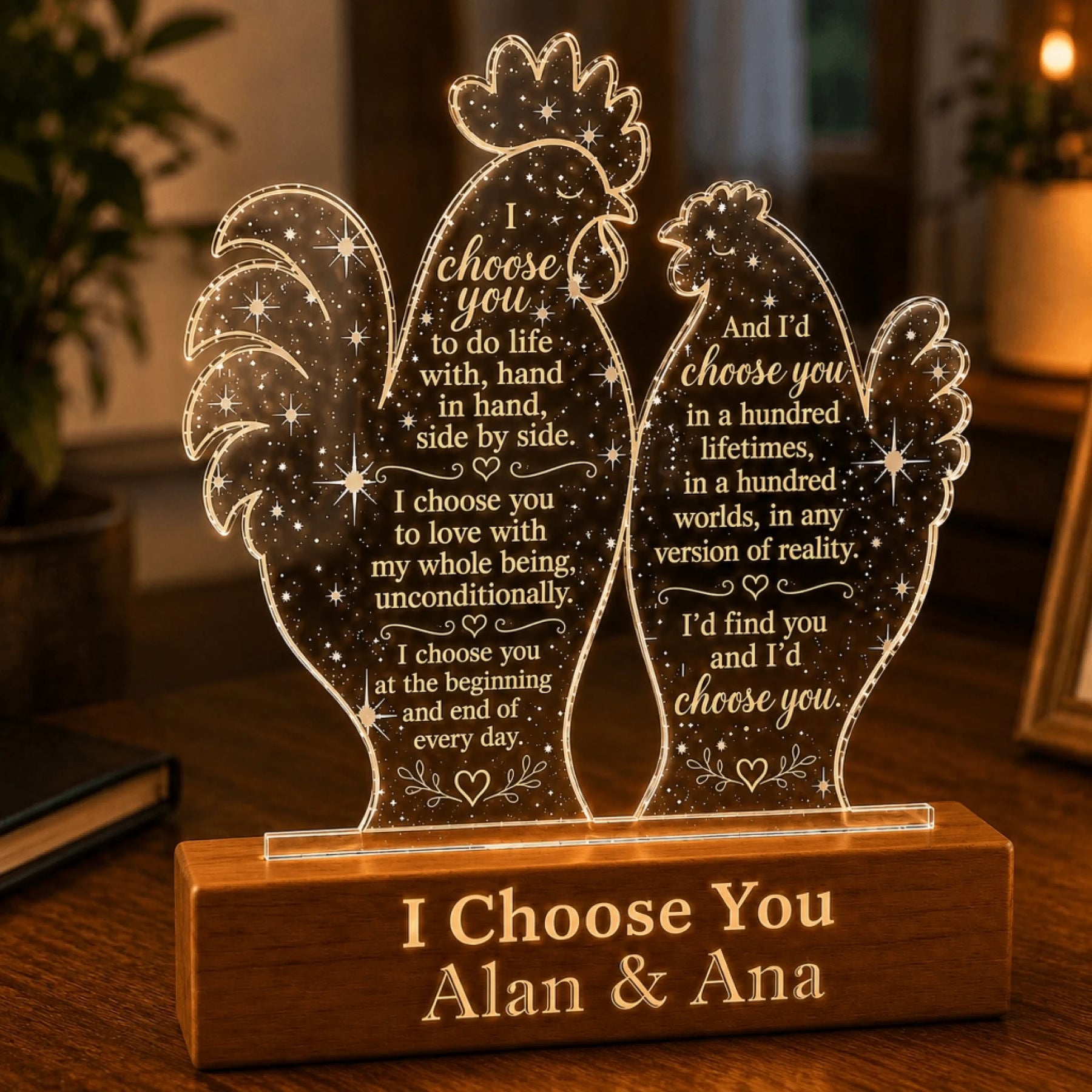 Engraved rooster acrylic night light featuring a romantic quote and personalized names Alan and Ana for couple gifts.