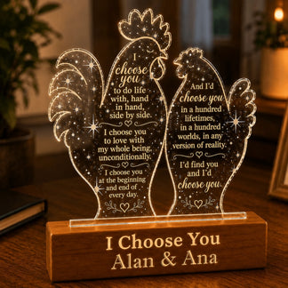Engraved rooster acrylic night light featuring a romantic quote and personalized names Alan and Ana for couple gifts.