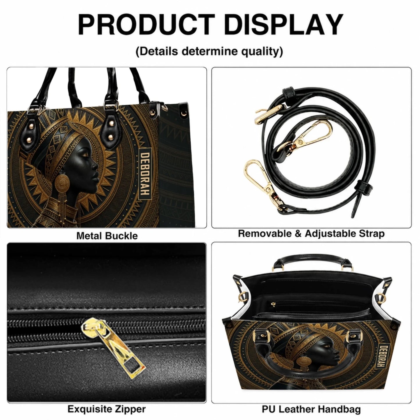 Product display showing quality details of a custom African queen tote bag including zipper and adjustable strap.