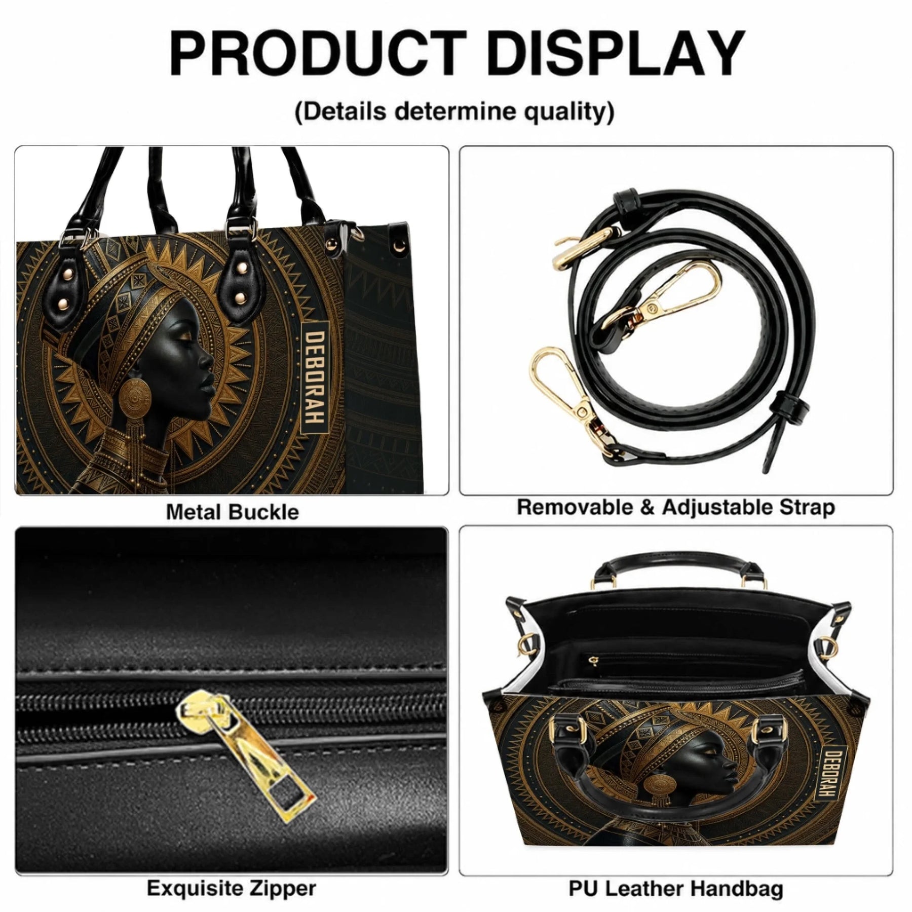 Product display showing quality details of a custom African queen tote bag including zipper and adjustable strap.