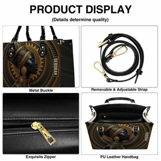 Product display showing quality details of a custom African queen tote bag including zipper and adjustable strap.