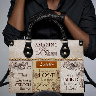 Customized shoulder bag with Amazing Grace hymn text and Isabella name, designed for faith-inspired daily style.